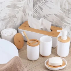 Bote Blanco Con Tapa De Bambú