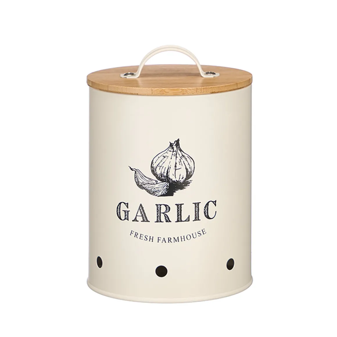 Caja para ajos crema metálica con tapa de bambú