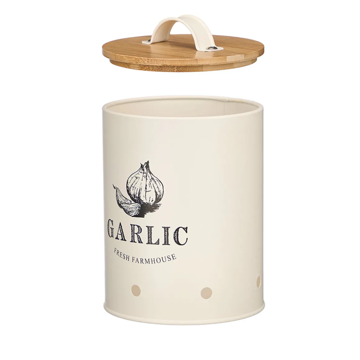 Caja para ajos crema metálica con tapa de bambú