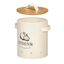 Caja para cebollas crema metálica con tapa bambú