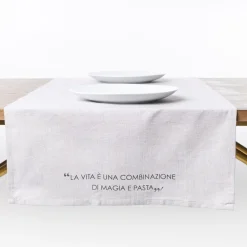 Camino de mesa con frase taupe 50x140cm