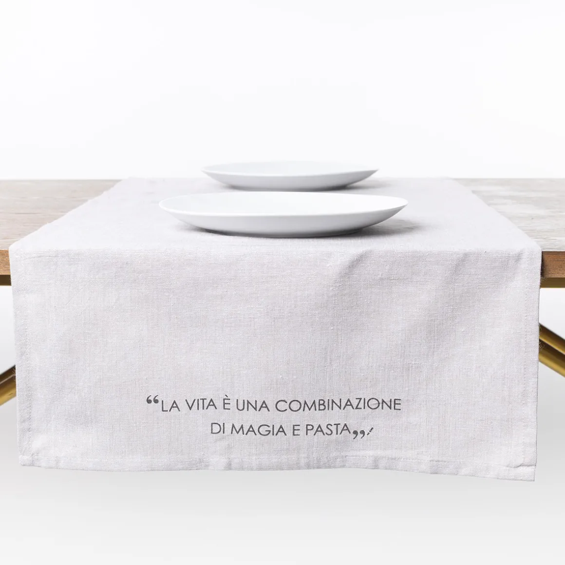 Camino de mesa con frase taupe 50x140cm