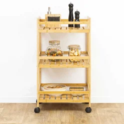 Carrito multiusos marón de bambú con 3 baldas