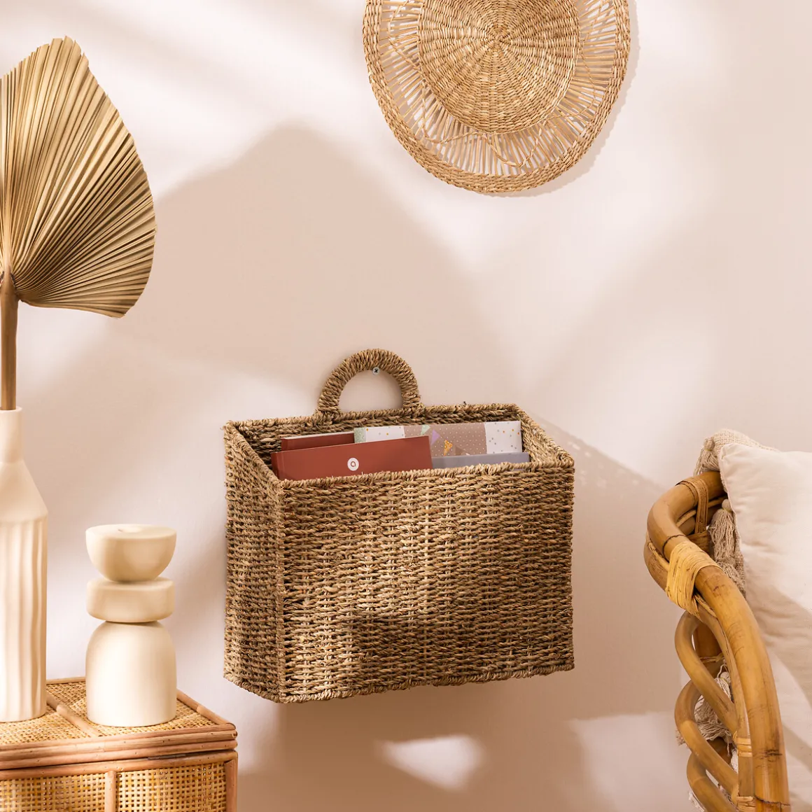 Cesta Cora Beige De Rafia Para Colgar