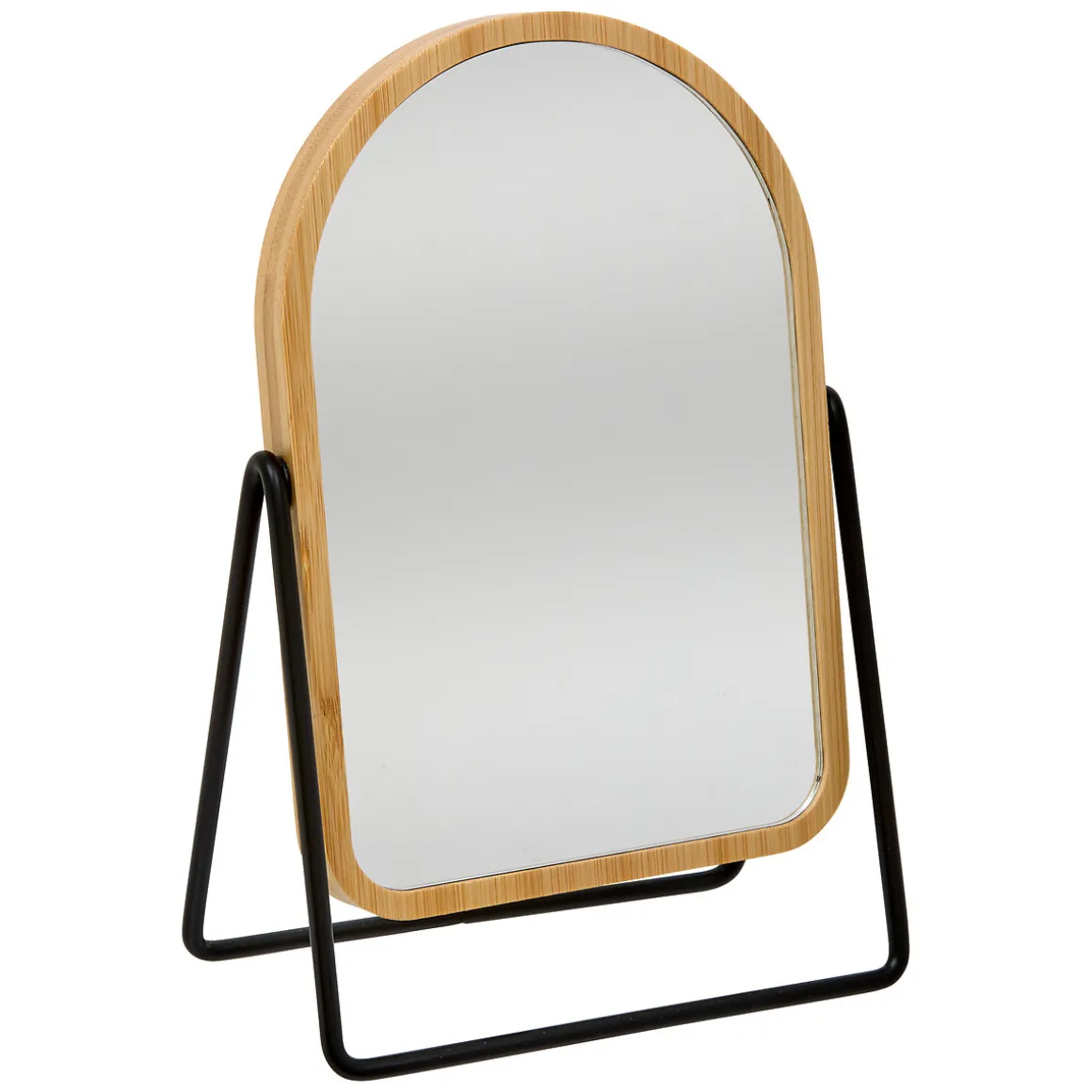 Espejo de baño de bambú con soporte metálico