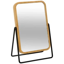 Espejo de baño de bambú con soporte metálico