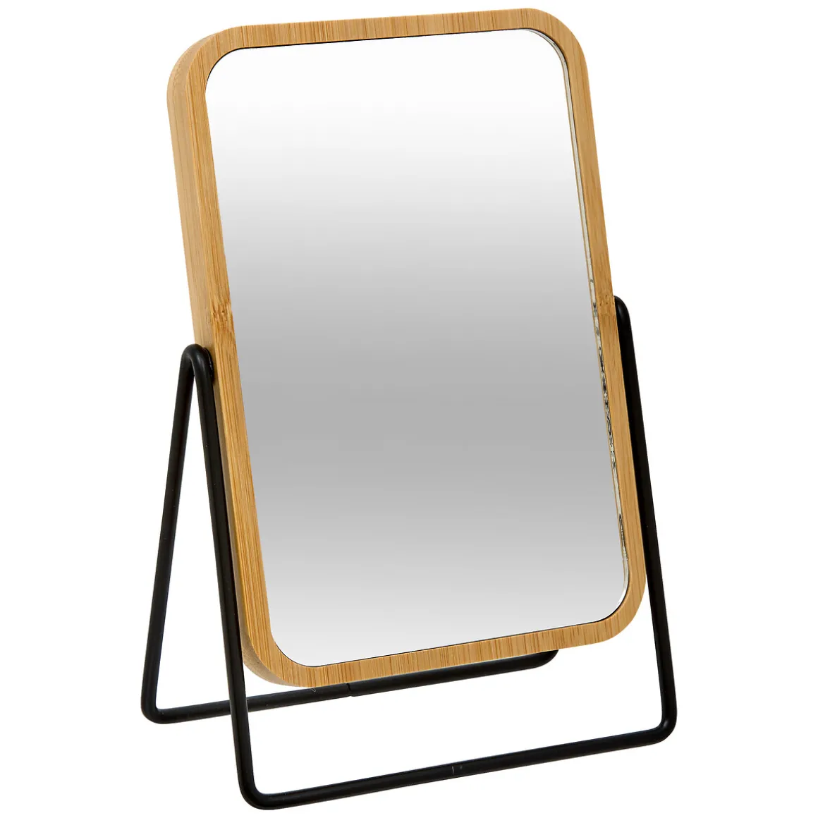 Espejo de baño de bambú con soporte metálico