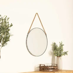 Espejo De Pared Metal Gris C/Cuerda 55Cm