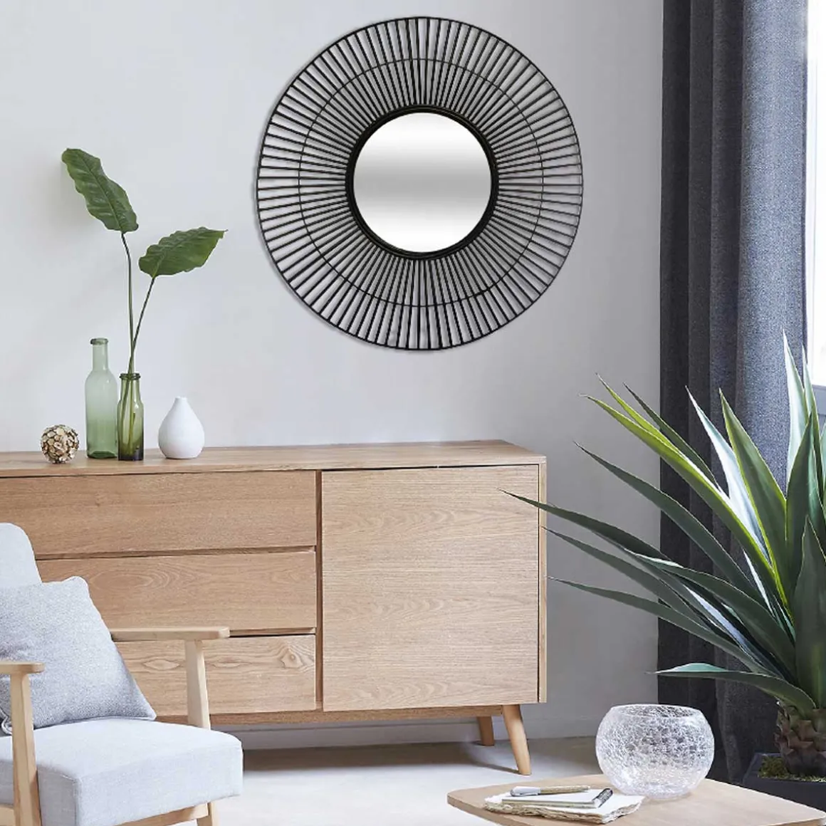 Espejo De Pared Negro De Bambú 77x4Cm