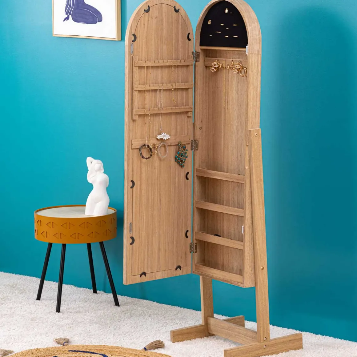 Espejo De Pie Beige Con Joyero