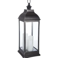 Farol De Metal Negro 3 Velas Led Antique