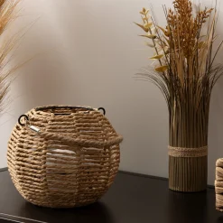 Farol De Rafia Beige Con Portavelas De Vidrio Maty