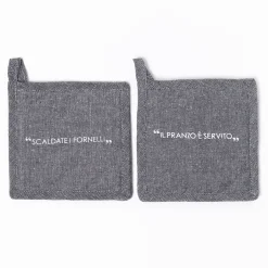 Juego de 2 agarradores con frase gris de algodón