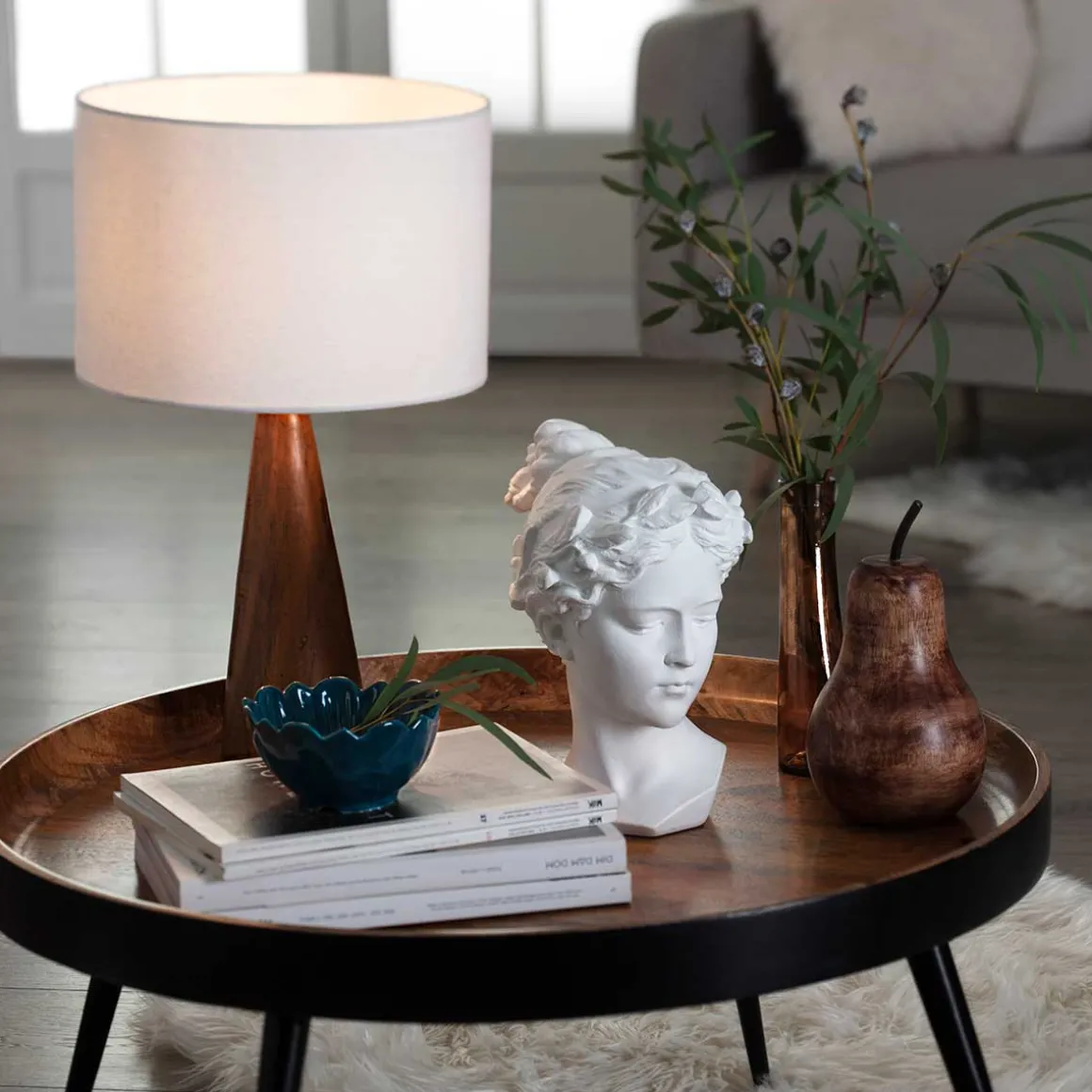 Lámpara De Mesa Blanca C/Madera 46Cm