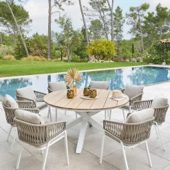 Mesa ORIENGO redonda blanca de madera acacia