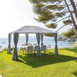 Pérgola SANTORINI gris ardósia con cortinas 3x4m