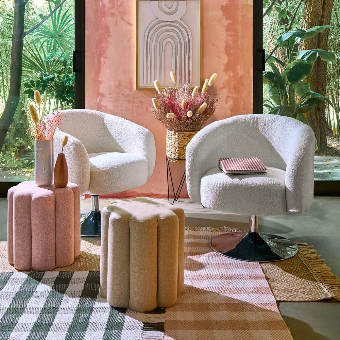 Puf Floral Tejido Beige 40cm