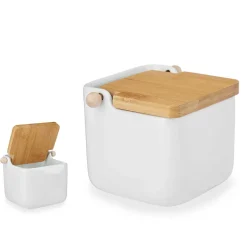 Salero Blanco De Cerámica Tapa De Bambú