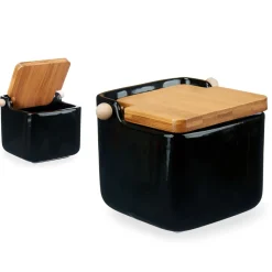 Salero Negro Cerámica +Tapa Bambú 1800Ml