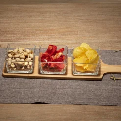 Set 3 Cuencos Vidrio Con Tabla De Bambú