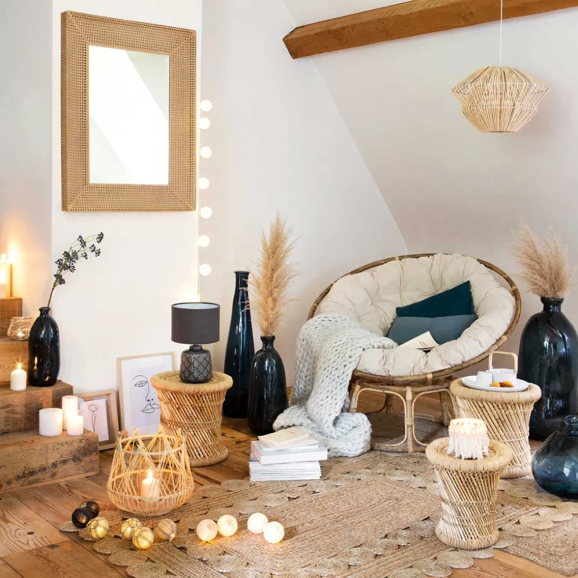 Taburete beige de bambú y cuerda 38cm